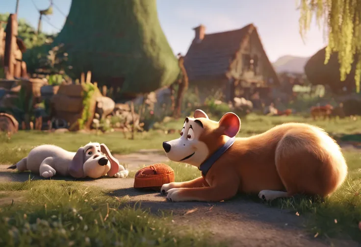 movie picture quality，Disney animation，style of disney animation，Disney movie animation，3D movies，China-style，Grandma and fat dog resting in the field yard，depth of fields，high light，Real light，Ray traching，oc rendered，Hyper-realistic，best qualtiy，8K，Works...