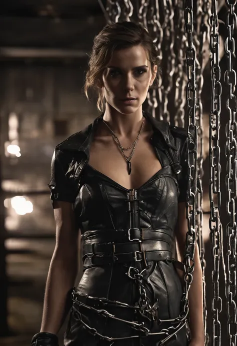 emma watson, Black Corset, Bondage, (in prison cell), Chained Woman, Full Body, ((arm behind back)), Chained Chain, ((Best Quality, 8k, Masterpiece: 1.3)), Sharp Focus: 1.2, Beautiful Woman in Perfect Shape: 1.4, Slender Abs: 1.2, ((Layer Cut, Big: 1.2)), ...