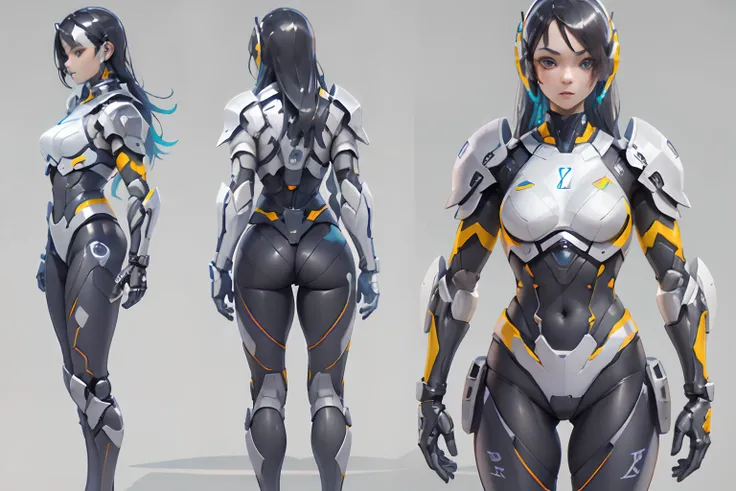 A masterpiece:1.6，best qualtiy:1.4(Concept art of the game character)，standing full-body，(character design sheet，Same role，frontage，Lateral face，on  back))Girls wear shiny translucent sportswear, Long hair, Shiny picture, Transparent material, Cyberpunk, M...