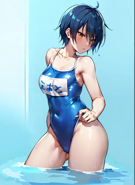 Anime boys in swimsuits, wearing a swimming wear, Enchanting anime boy, Ecchi anime style, Cool boy in tank suit, Anime boy with blue short hair, Anime boy with yellow eyes, Charming anime boys, (Anime Boy), Ecchi, School swim wear, anime moe art style, at...