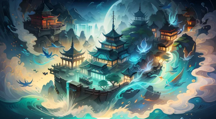 Vast sea，Immortal Island， the ocean，faeries，Auspicious clouds，The beautiful sea god Mazu guards everything in the sky，Protect the oceans and fishermen， Fishing village on the island，Small fishing boats at sea，Ancient port，rays of sunshine， tmasterpiece， su...