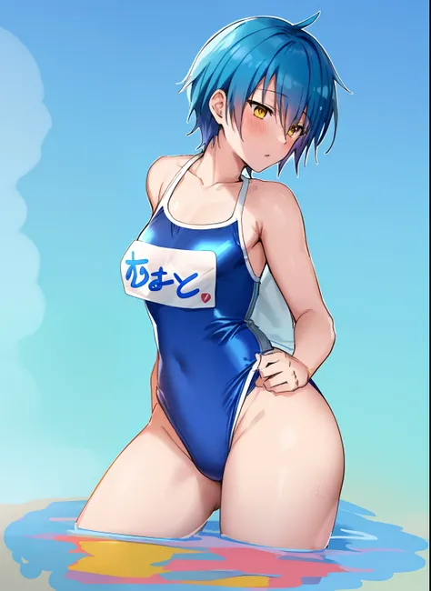 Anime boys in swimsuits, wearing a swimming wear, Enchanting anime boy, Ecchi anime style, Cool boy in tank suit, Anime boy with blue short hair, Anime boy with yellow eyes, Charming anime boys, (Anime Boy), Ecchi, School swim wear, anime moe art style, at...