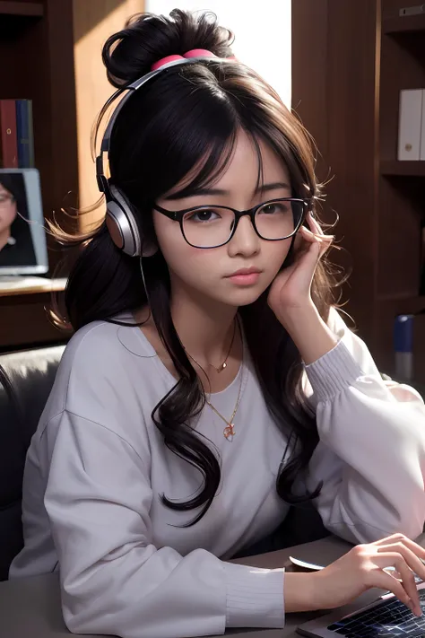 Arafeld asian woman wearing glasses and headphones using laptop, Guviz-style artwork, With glasses, high quality portrait, Realistic. Cheng Yi, wearing thin large round glasses, wavy long black hair and glasses, Realistic young anime girl, trending on cgst...