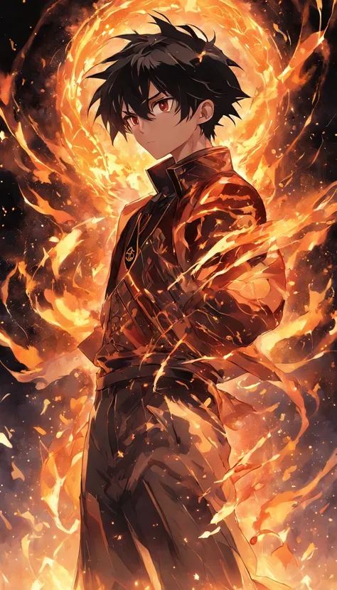 a painting that represents the essence of magic in your world, showing the black hair, shining golden eyes protagonist with a mystical black mark on his neck immersed in a cascade of magical fire energy, with glowing particles dancing around him and arcane...