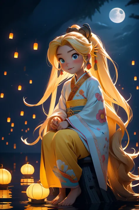 tmasterpiece, best qualityer, full moon night，with light glowing，thirteen-year-old girl, long whitr hair，yellow hair，hanfu，sit o...