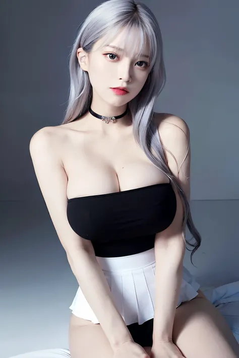 best quality, ultra high res, (photorealistic:1.4), 1girl, off-shoulder white shirt, black tight skirt, black choker, (faded ash gray hair:1), (huge breasts:1.2), looking at viewer, closeup