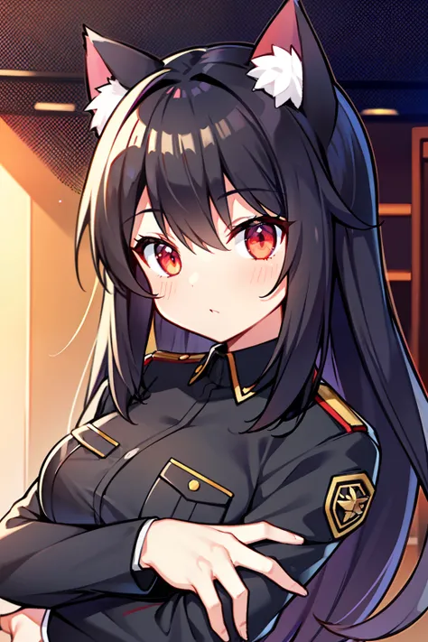 Black hair, Cat ears, Cat girl, Red eyes, Officer uniform, , Germany, Black officer uniform，