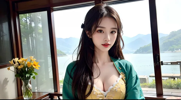 (A half body，Close-up，closeup cleavage)，Arakfi Asian woman sitting in chair，Wearing a green and gold dress, Palace ， A girl in Hanfu, Hanfu, Cheongsam, with acient chinese clothes, Traditional beauty, Traditional Chinese clothing, Wearing ancient Chinese c...