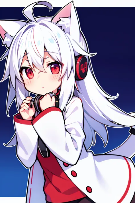 ahoge, White hair, Earphone, Red eyes, Cat ears, Shy