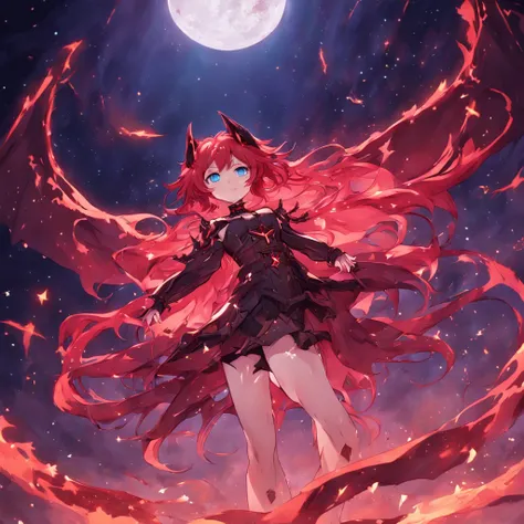 1girl, bat wings, chained, crimson moon, wavy red hair, blue eyes, stars, dark color scheme, galaxy, beautiful woman, demon tail