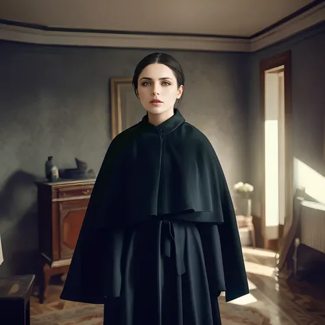 There is a woman in a black cape standing in a room, mulher em vestes pretas, Erwin Olavo, Bem Modelo de Moda, hammershøi, Directed by: Thomas Bock, Directed by: Artur Tarnowski, innblásinn af Ásgrími Jónssyni, Directed by: Henri-Julien Dumont, inspirado e...