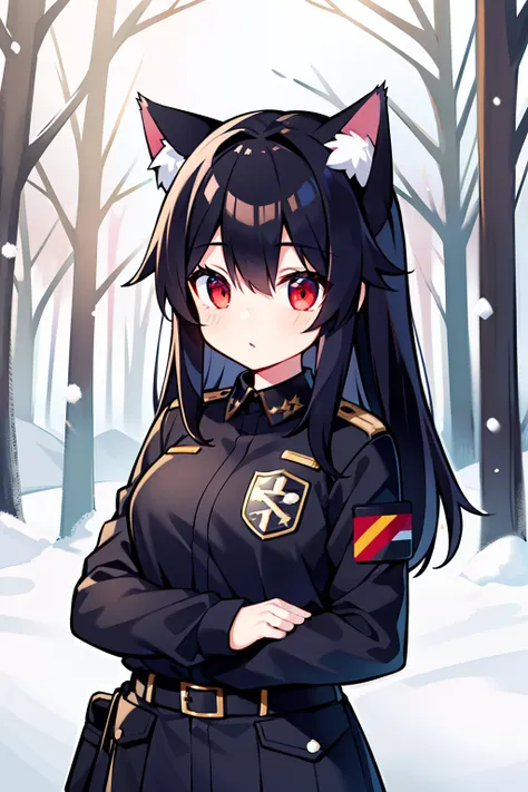 Snowy forest, Black hair, Cat ears, Cat girl, Red eyes,  Officer uniform, , Germany, Black officer uniform，are standing