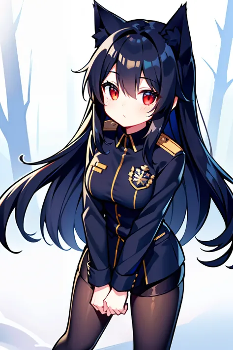 Snowy forest, Black hair, Cat ears, Cat girl, Red eyes,  Officer uniform, , Germany, Black officer uniform，