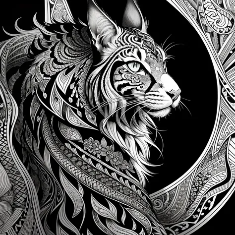 maincoon, black and white, zentangle (best quality) ultra-detailed, fine line drawing, fine line art, coloring book illustration style, intricate linework, highly detailed illustration, perfect composition, beautiful and stunning, dynamic angle, high contr...