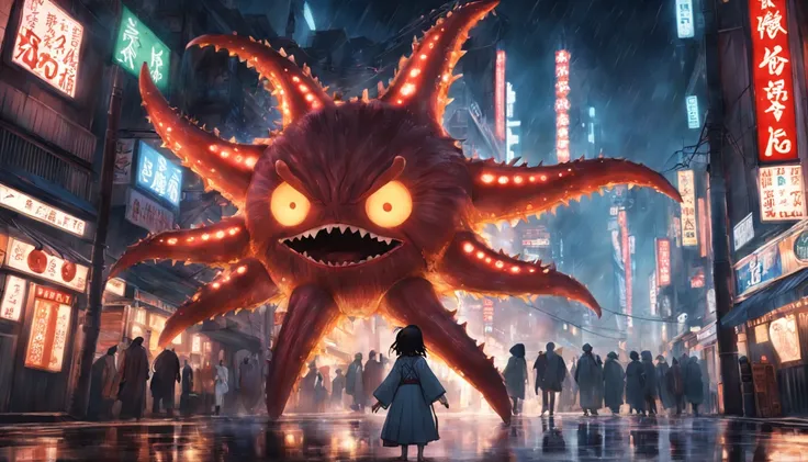 movie picture quality，Real Photographics，Hyper-realistic，scary movie lighting，（Super giant starfish monster：1.5），Extremely large，blood vess，frotting，Murderous，Raging in Tokyo, Japan，（Destroyed buildings：1.4），Collapsed walls，fire glow，The frivolous clown ki...