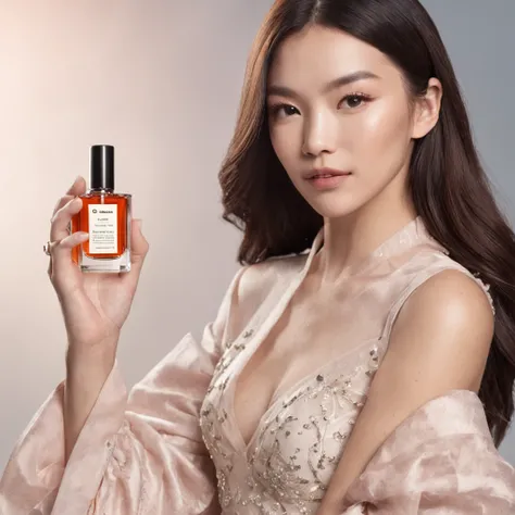 ,A Chinese woman holds a bottle of perfume in both hands，Take photos for skincare brands，beauty campaign，H3H3，Taoist，shot of，beauty retouch，Cool and bright tones，Dua Lipa，Official Product Pictures，inspired by Luo Ping，clean face and body skin