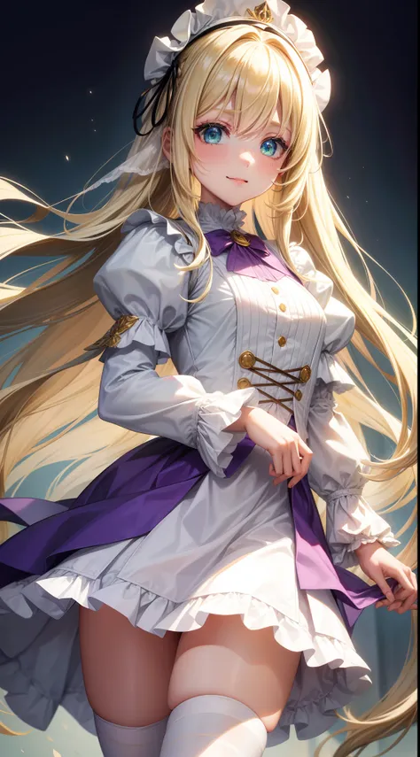 young girl, Long blonde hair with white strands, Green eyes, White King Top, puffy sleeves, fluffy short skirt, purple tights, ssmile, Masterpiece, hiquality