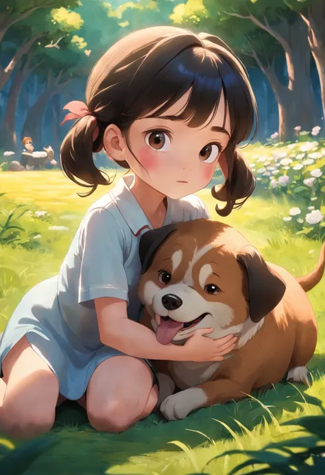 movie picture quality，Disney animation，style of disney animation，Disney movie animation，3D movies，China-style，Little girl with short pigtails resting in the yard of the field holding a huge fat dog，depth of fields，high light，Real light，Ray traching，oc rend...