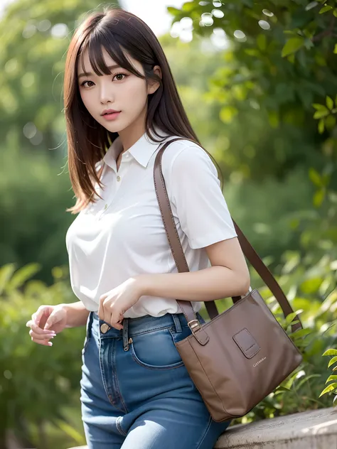 product quality, a cowboy shot, a front view, 1 girl, a Japanese young pretty woman, long bob hair, hyper pretty face, glamorous, wearing a short sleeves silky off white blouse with collared, wearing denim skirts, walking with a big smile in a crowded gard...