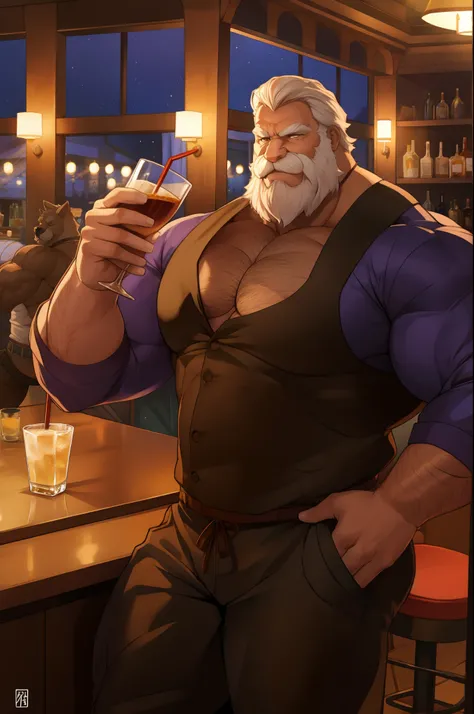 Muscular old man(Furry) Enjoy a drink at the lively bar.