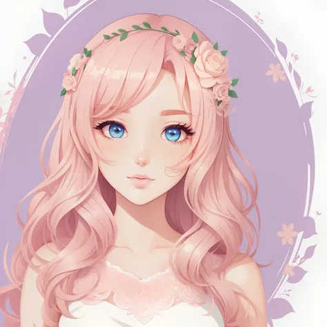 a woman 25 years old, wavy pink hair, beautiful eyes and delicate makeup. She is wearing a white dress with floral details. Digital illustration style, Cartoon illustration style, Beautiful art style, Trends in Artsration, cute digital illustration, beauti...