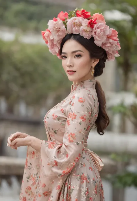 there is a woman in a colorful dress and hat standing on steps, ao dai, wearing a long flowery dress, in style of lam manh, wearing a long dress, vietnamese woman, wearing floral chiton, beautiful lady, posing elegantly over the camera, traditional tai cos...