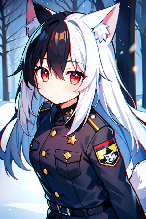 Snowy forest, Black hair, Cat ears, Cat girl,  Red eyes,   officer uniform, , Germany, Black officer uniform