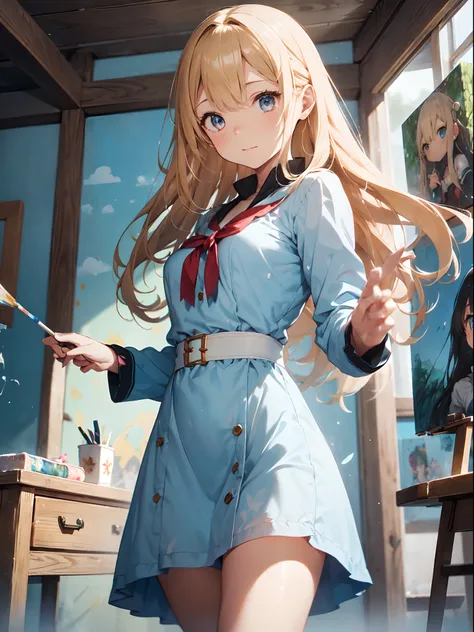 film photography, 1girl , (((whole body ))) , dynamic pose

Character: whimsical tower-bound artist
Style: fairytale enchantment
Extraordinary Feature: her long hair holds magical painting abilities
Action: Using her hair as a brush, shes painting a master...