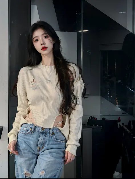 Woman in white sweater and jeans standing in front of a glass door, ripped up white garment, ripped clothing, iu lee ji-eun as a super villain, Wearing torn clothes, with ripped crop t - shirt, Torn clothes, 4 k ], 4K], # overclocking, #overclocking, Choi ...