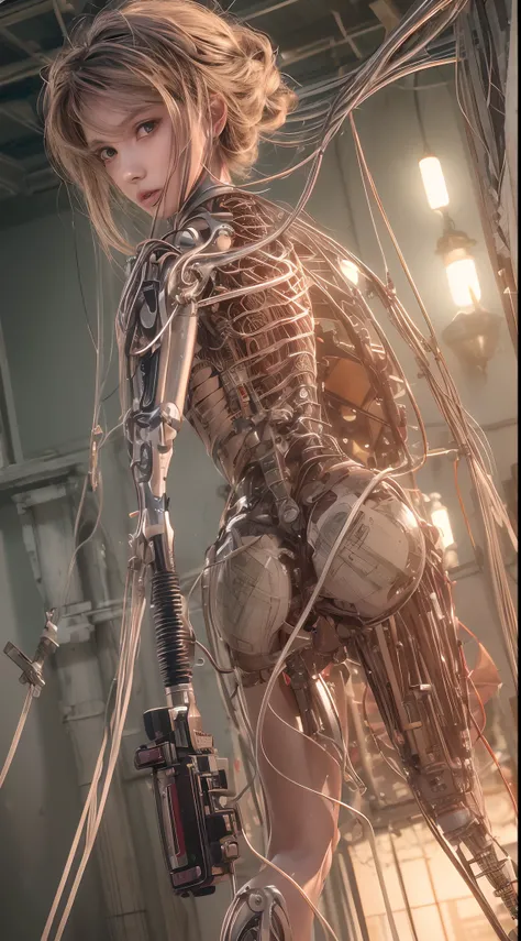 (((masterpiece))), ((best quality)), (ultra-detailed), (CG illustration), (an extremely devious and beautiful)), cinematic light, ((1 mechanical girl)), single, (machine-made joints: 1.4), ((mechanical limbs)), ( blood vessels attached to the tube), ((mech...