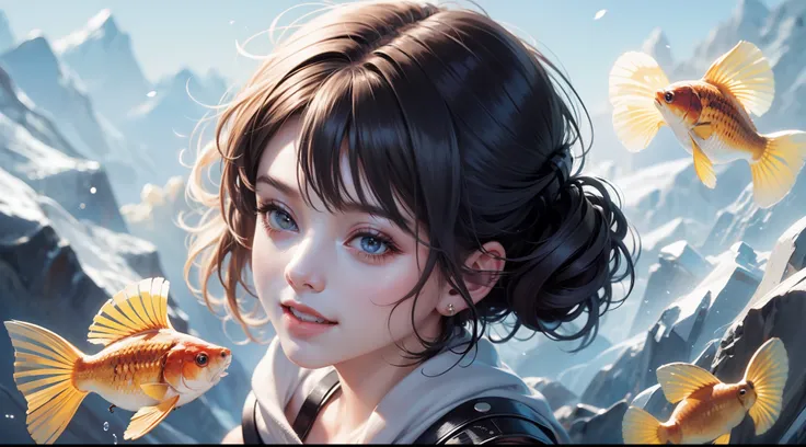 Best quality at best，Top illustration，There are a lot of goldfish around the little girl，The little girl laughed happily。