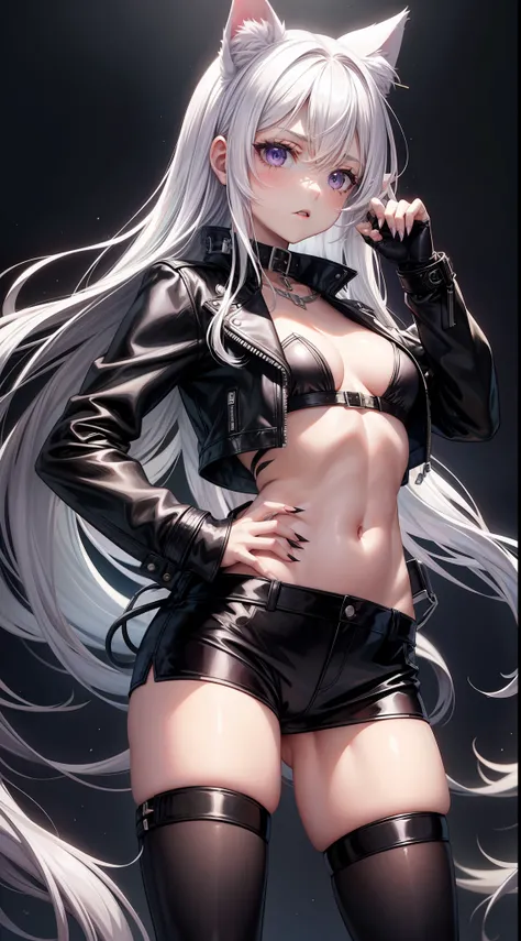 young girl, Long white hair, cat ears, violet eyes, leather jacket, briefs, tear stockings, Black Top, open belly, Lots of scars, Chlaost, claws, Solder, Masterpiece, hiquality