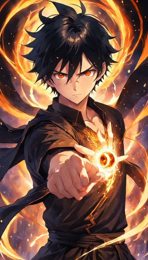 a painting that represents the essence of magic in your world, showing the black hair, shining golden eyes protagonist with a mystical black mark on his neck immersed in a cascade of magical fire energy, with glowing particles dancing around him and arcane...