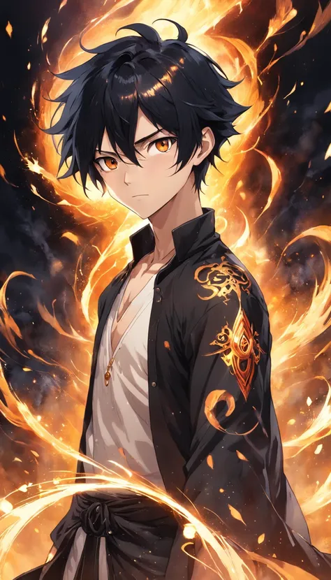 a painting that represents the essence of magic in your world, showing the black hair, shining golden eyes protagonist with a mystical black mark on his neck immersed in a cascade of magical fire energy, with glowing particles dancing around him and arcane...