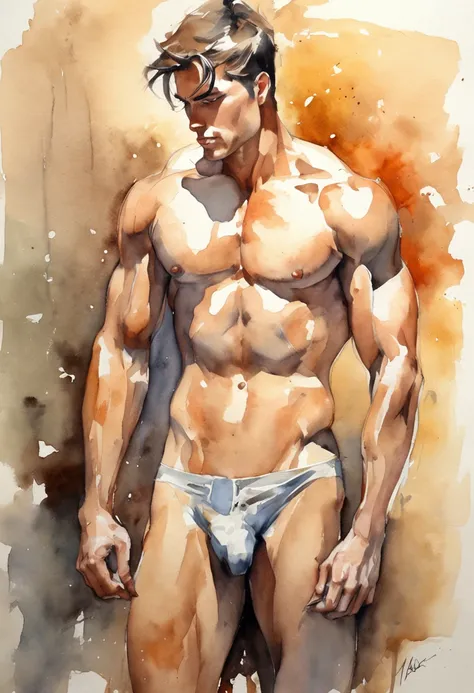 sketch, 20 yo male figure study, young muscle-bound jock, standing, full stocky body, completely naked, totally , no clothes, sans clothing, au natural, covering crotch with a white towel, bare butt, crowded gym shower with spraying showers and showering m...