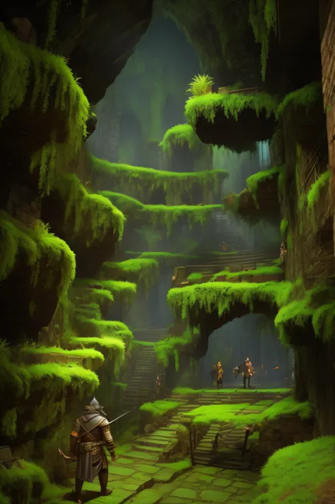 a man in the forest with a sword and a dog, lush mossy canyon, mossy ruins, lush alien landscape, beautiful concept art, environ...