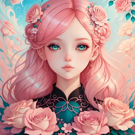 um close up de uma mulher com cabelo rosa e flores, Cabelo rosa, menina cor-de-rosa, cabelo rosa encaracolado, trending on artstration, rosas no cabelo, estilo de arte loish, arte digital detalhada bonito, No estilo de arte de Bowater, Inspirado em Loish, ...