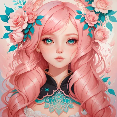 um close up de uma mulher com cabelo rosa e flores, Cabelo rosa, menina cor-de-rosa, cabelo rosa encaracolado, trending on artstration, rosas no cabelo, estilo de arte loish, arte digital detalhada bonito, No estilo de arte de Bowater, Inspirado em Loish, ...