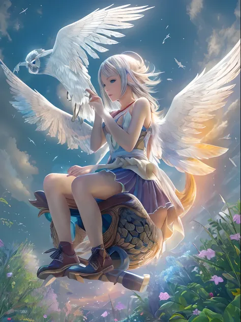 (Best Quality, Masterpiece: 1.1), (Realistic: 1.4), Beautiful naked schoolgirl is riding on the rainbow owl, god ray, teen, silver short hair, blue eyes, full body, from below, hourglass body shape, flying over the park, crystallineAI, fractal art, splash