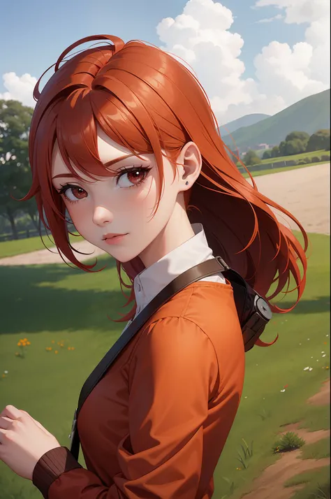 lady dressed in grey shirt with red hair on a field, in the style of webcam photography, dark orange and light bronze, quito school, melissa launay, dinopunk, cottagecore, kieron gillen