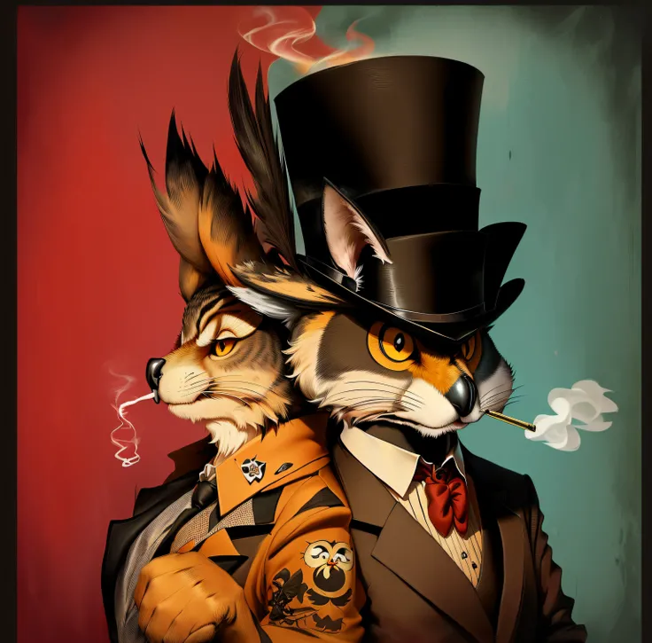 There is a cartoon owl in a top hat and smoking a cigarette, Cat smoking a cigar, mixture between an! owl and wolf, anthropomorphic gangster rat, anthropomorphic racoon, Anthropomorphic gangster rat, art in the style of joshy sly, Anthropomorphic furry art...