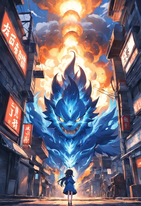 One twenty kilometers in diameter，Huge engines that spew blue flames sit in the city，Blue flames scattered the clouds in the sky，The blue flame is very bright。