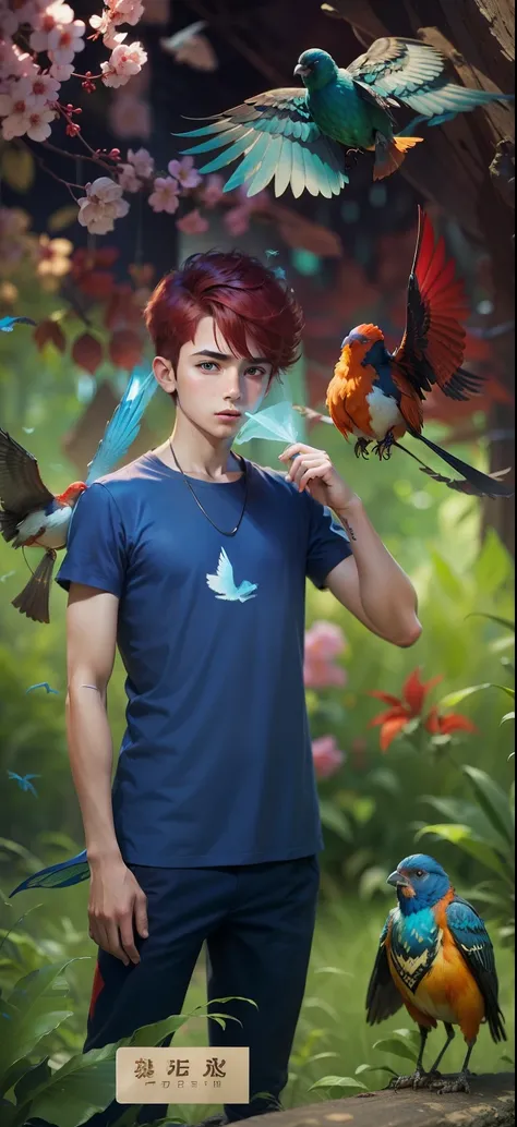 Boy With Birds futuristic background realistic clear fack ,fantastic cloth, bule,red hair, cyberpank high quality Picture Hd