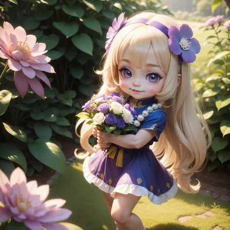 Cute Baby Chibi Anime,Pearl Beige Long Hair,Indian national costume in blue and purple,Royal Botanic Gardens,smil,holding one flower bouquet with both hands,Bare legged.