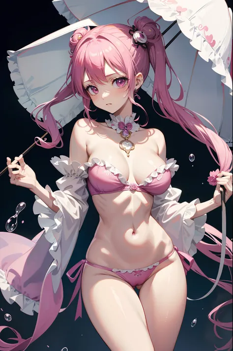 one piece ghost princess perona, ghost and sakura aura, holding a cute umbrella, wet pink gothic outfit, hair tied into two curl pigtails with black and white flower hairpins, showing off, crotch tattoo, open breast, perfect body shape, masterpieces, light...