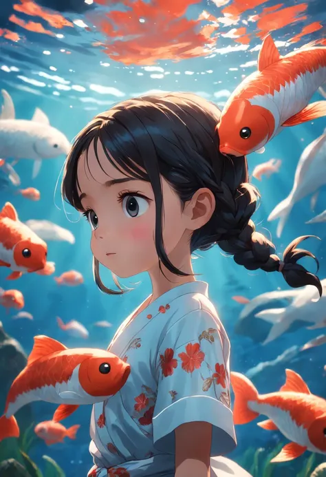 movie picture quality，Disney animation，style of disney animation，Disney movie animation，3D movies，China-style，Little girl with short braids standing in front of a huge koi，swell sea，depth of fields，high light，Real light，Ray traching，oc rendered，Hyper-reali...