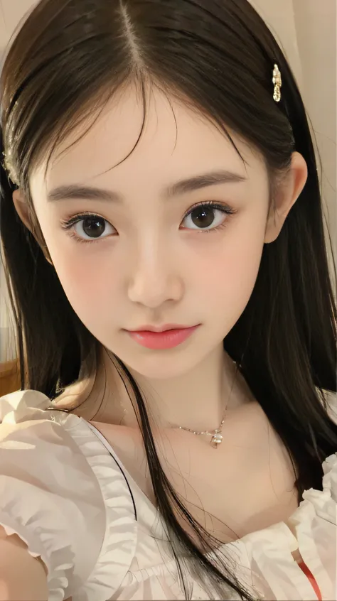 iPhone 14 shooting，chineseidol，Kizi，Round face，largeeyes，Blushlush，High double ponytail，dark brown  hair，pupils，frontage，full bodyesbian，Pose，the detail。Perfect look，Delicate facial features，shy，Be red in the face，Shameful，light make-up，Pink lips，with fair...