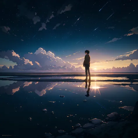 On the beach at night，Anime characters look up at the stars，The image of Cyril Rolandor came to mind。Makoto Shinkais cosmic sky as the background，Full of thought and imagination。The gorgeous digital rendering shows the unique artistic style of Shinkai Mako...