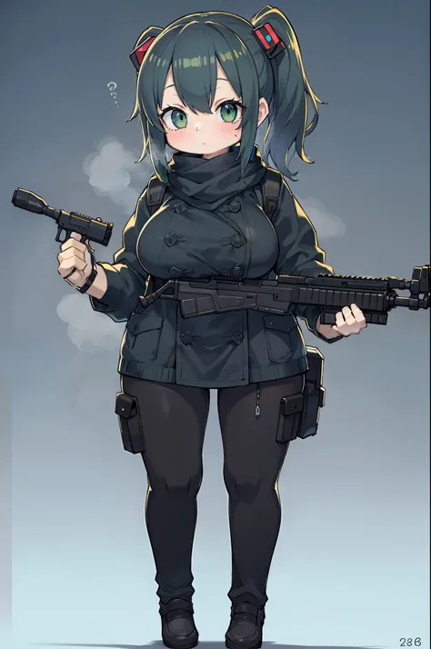 assault rifle、Long sideburns、Anime-style girl with beautiful whole body, clean detailed faces, ciber,analogous colors, Glowing shadows, beautiful gradients, depth of fields, CLEAN IMAGE, High quality,Black Parker Clothing、 high detailing, High Definition, ...