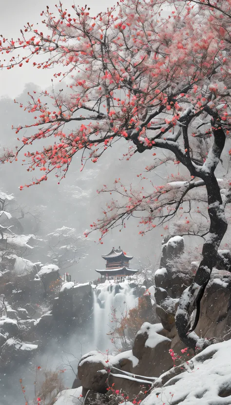 （Blurred foreground：Heavy snowfall：2.0，），（Plum petals fall：1.6），（snow landscape，Chinese Song dynasty beauties dancing），（realisticlying，anatomy correct，Asian star face，ssmile，The hands and face are very delicate and clear），（Stand in the middle of a quaint c...